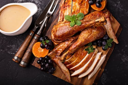 Carved turkey on a cutting board