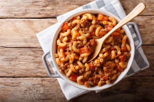 american chop suey, american goulash, with elbow pasta, beef and